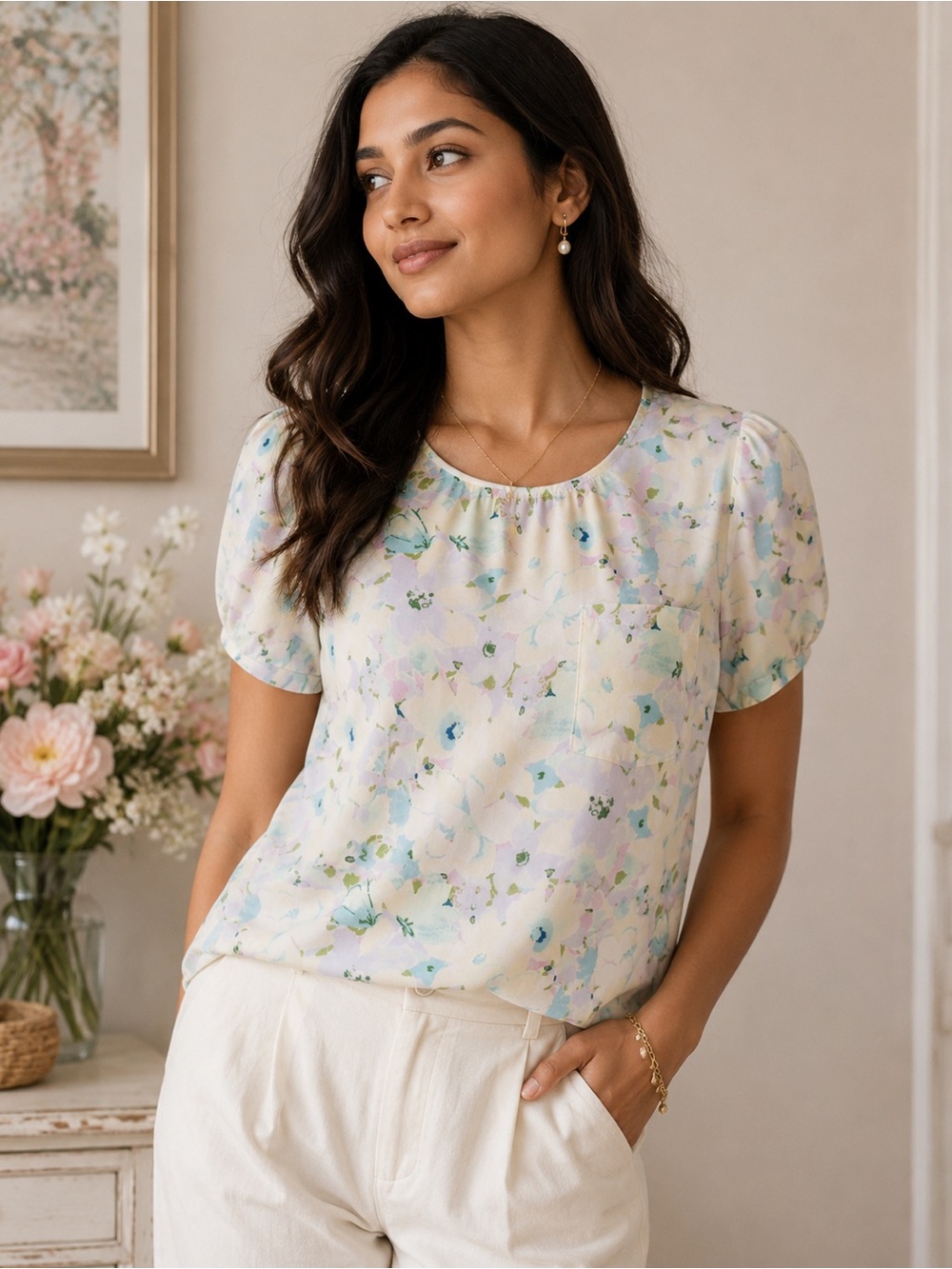 LC Lauren Conrad Floral Blouse XL Pastel Spring Short Sleeve Top